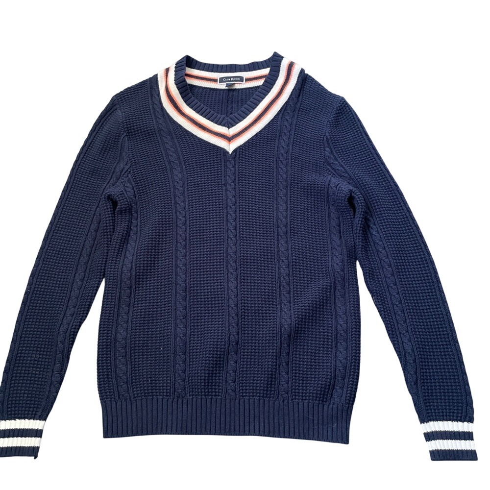 Club Room Mens Navy Blue Cable Knit V-Neck Cotton Sweater Striped Trim Small